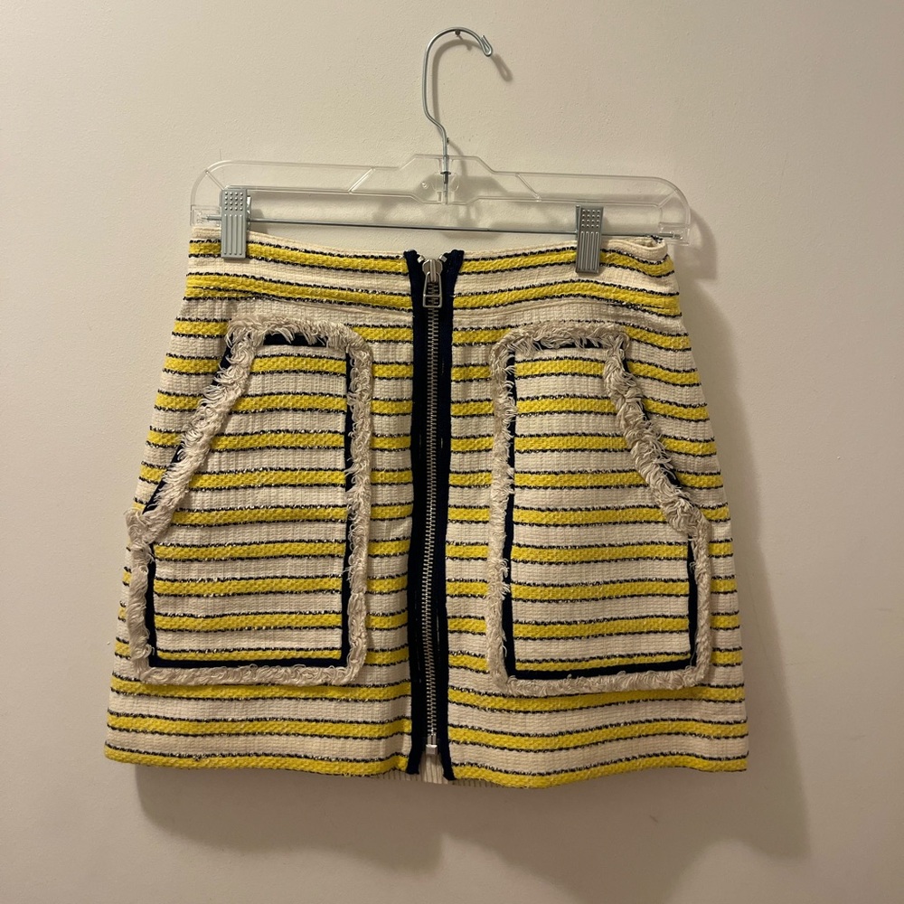 Veronica Beard Yellow and Navy Tweed Striped Mini Skirt